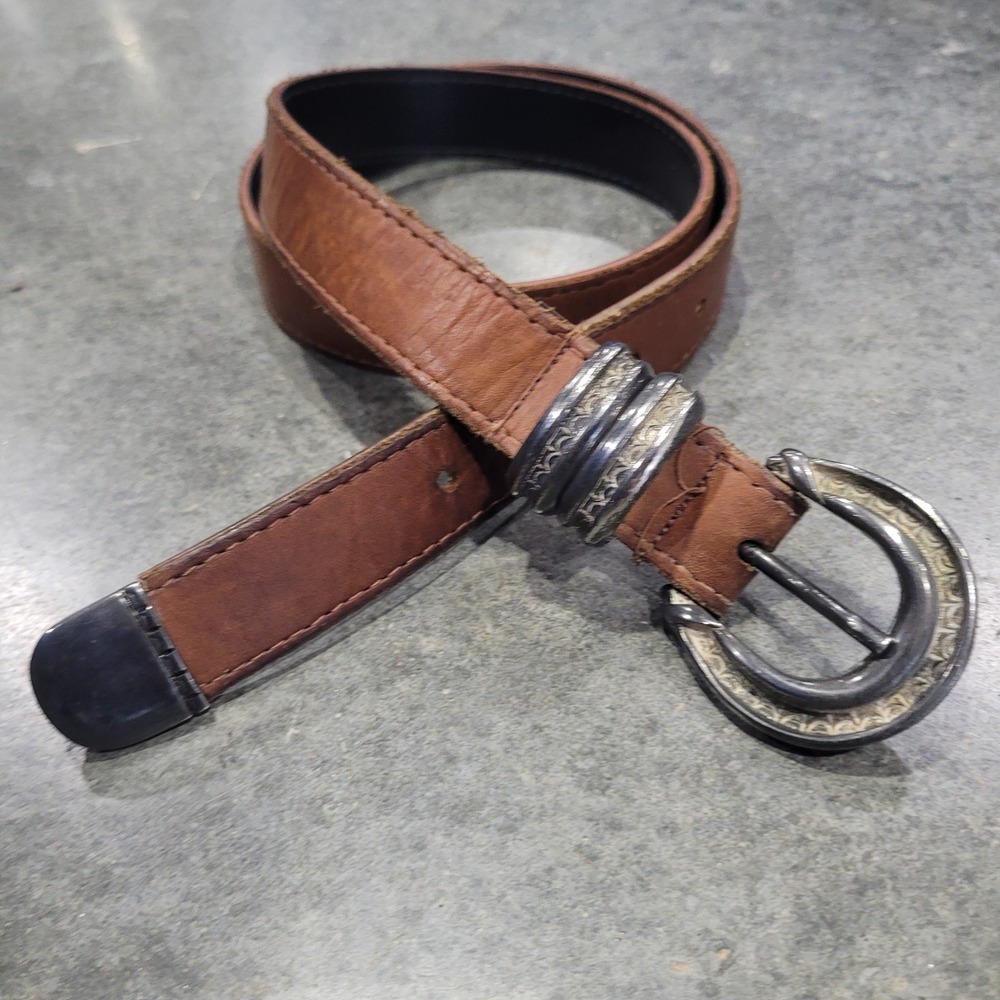 VTG A. Brod Belt Med Brown Leather Western Silver Buckle Engraved Cowgirl Rodeo